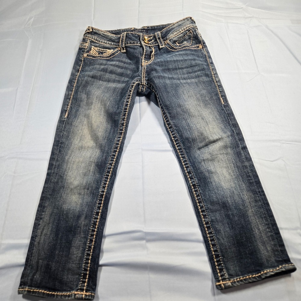 Vigoss The New York Capri Jeans Medium Wash Rhinestone Embroidered Size 1/2 21